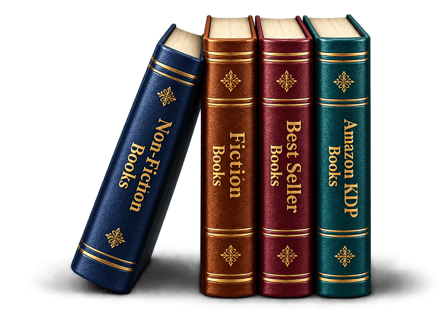 Stack of leather-bound Non-Fiction, Fiction, Best Seller, and Amazon KDP books